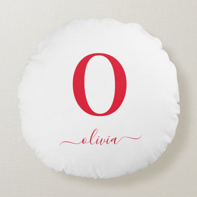 Monogram Script Name Personalized White And Red Round Pillow (Front)