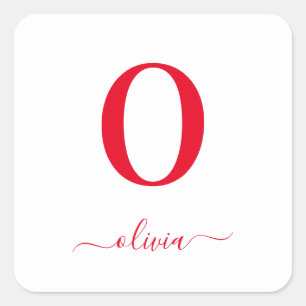 Monogram Script Name Personalized White And Red Square Sticker