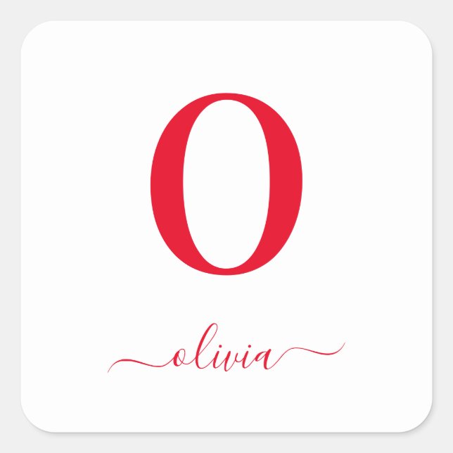 Monogram Script Name Personalized White And Red Square Sticker (Front)