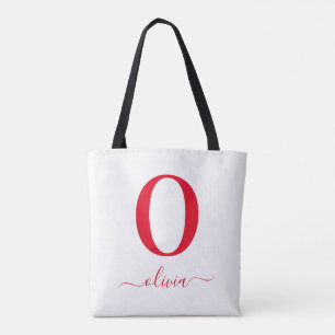 Monogram Script Name Personalized White And Red Tote Bag