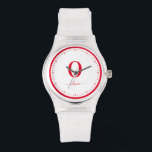 Monogram Script Name Personalized White And Red Watch<br><div class="desc">This stylish monogram and elegant script name design can be given as a gift for a birthday,  wedding favour,  bridal shower or any occasion. It can be customized with the person's initial and name.</div>