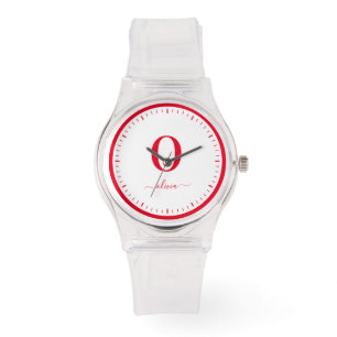 Monogram Script Name Personalized White And Red Watch