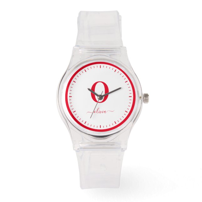 Monogram Script Name Personalized White And Red Watch (Front)