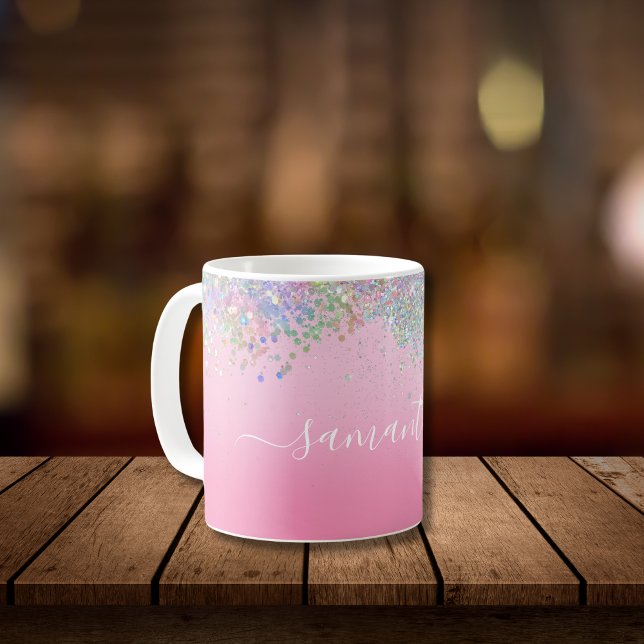 Monogram Script Name Pink Glitter Girly Glam Bling Coffee Mug (Monogrammed Script Font Pink White Glitter Girly Glam Bling Coffee Mug)