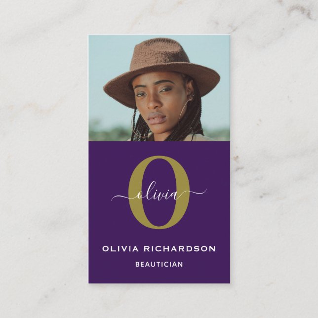 Monogram Script Name Purple White Gold Vertical Business Card (Front)