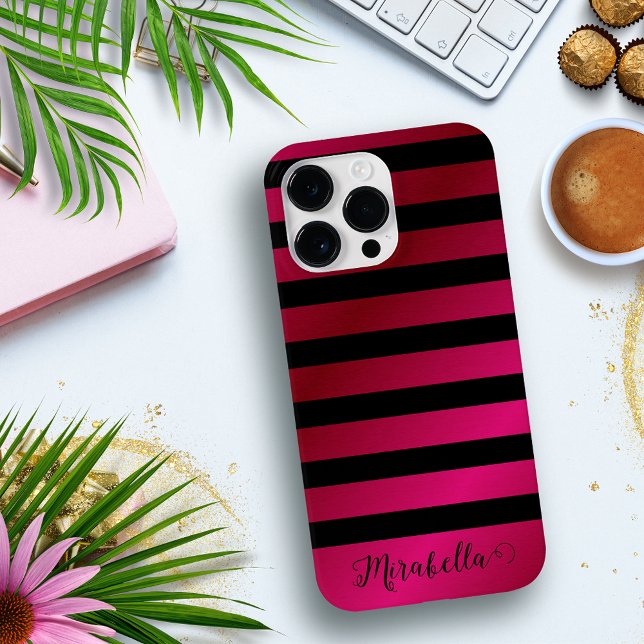 Monogram Script Name Stripes Pink and Black Case-Mate iPhone Case (Creator Uploaded)