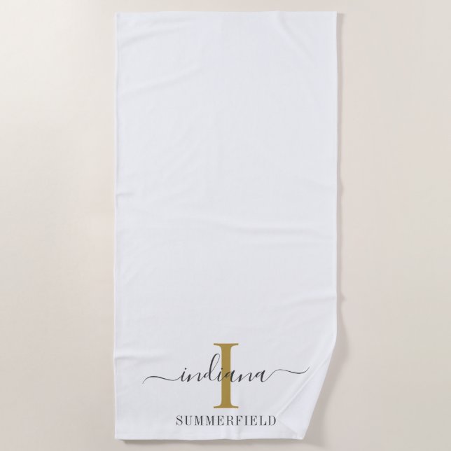 Monogram Script Name Stylish Minimalist Gold Grey Beach Towel (Front)