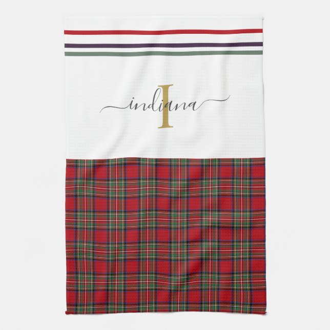 Monogram Script Plaid Tartan Stewart Rustic Kitchen Towel (Vertical)