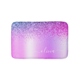 Monogram Script Purple Glitter Girly Name Bath Mat