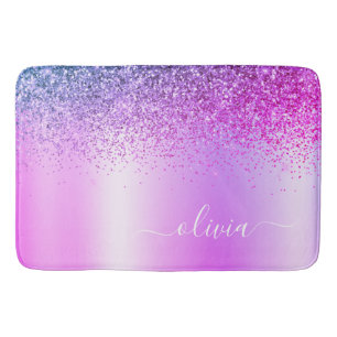 Monogram Script Purple Glitter Girly Name Bath Mat