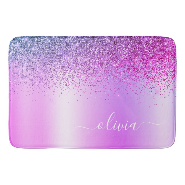Monogram Script Purple Glitter Girly Name Bath Mat (Front)
