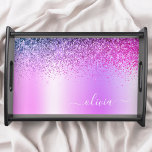 Monogram Script Purple Glitter Girly Name Serving Tray<br><div class="desc">Purple Faux Foil Metallic Sparkle Glitter Brushed Metal Monogram Name Place Serving Tray. This makes the perfect graduation,  birthday,  wedding,  bridal shower,  anniversary,  baby shower or bachelorette party gift for someone that loves glam luxury and chic styles.</div>