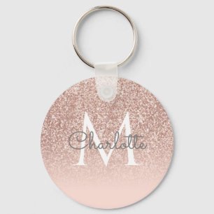 Monogram Script Rose Gold Glitter Blush Pink Keychain