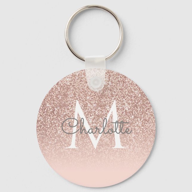 Monogram Script Rose Gold Glitter Blush Pink Keychain (Front)