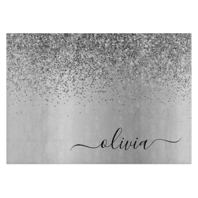 Monogram Script Silver Black Glitter Girly Name Cutting Board (Front)