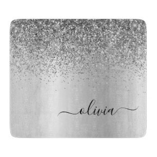 Monogram Script Silver Glitter Girly Name Cutting Board
