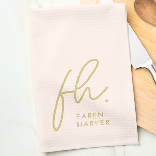 Monogram Script Simple Minimal Elegant Blush Gold Kitchen Towel