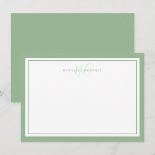 Monogram Script Two Border Minimalist Sage Green Card