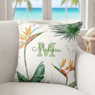 Monogram Script White Gold Tropical Island Floral Throw Pillow