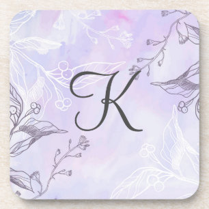 Monogram Script White Grey Purple Floral Coaster