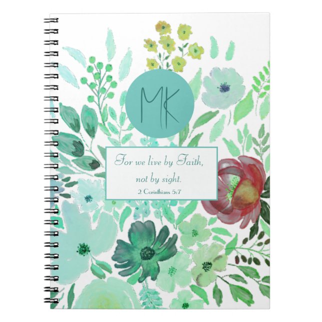 Monogram Scripture Aqua Green Watercolor Floral  Notebook (Front)