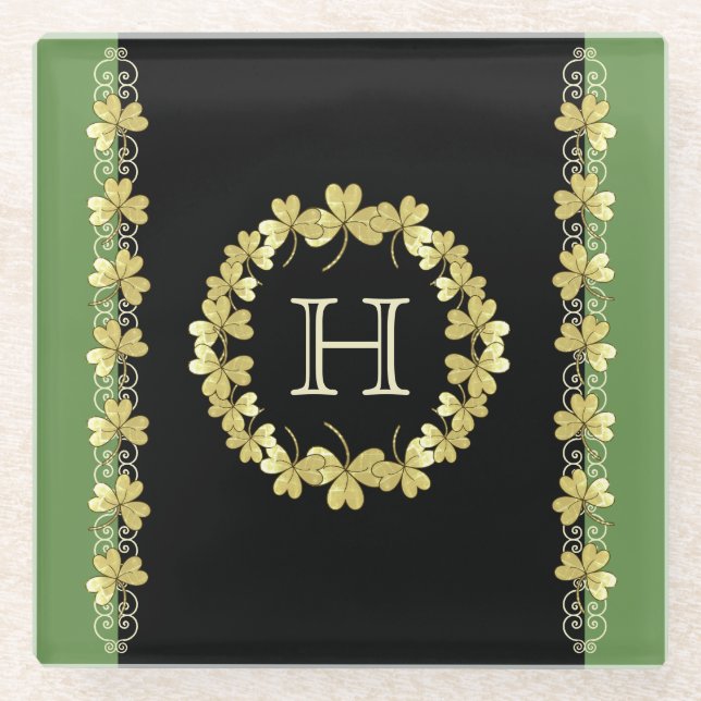 Monogram Scroll & Shamrock Glass Coaster (Front)