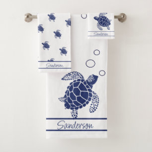 Monogram Sea Turtle Navy Blue White and Nautical Bath Towel Set