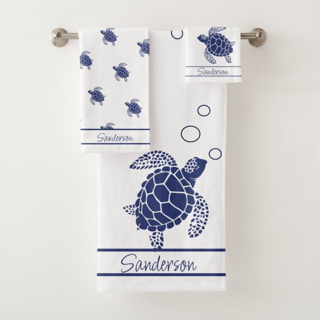 Monogram Sea Turtle Navy Blue White and Nautical Bath Towel Set (Insitu)