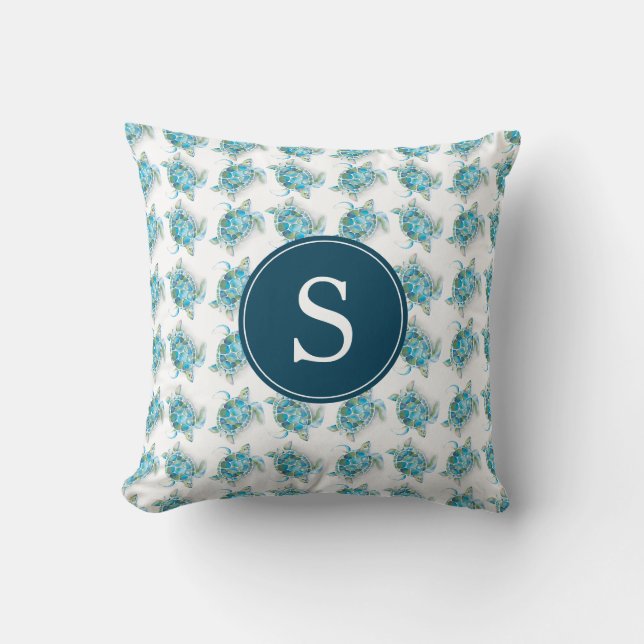 Monogram Sea Turtle Pattern Blue Throw Pillow (Front)