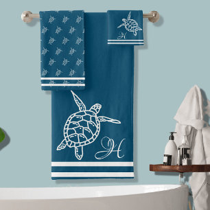 Monogram Sea Turtle Peacock Blue Nautical Coastal  Bath Towel Set
