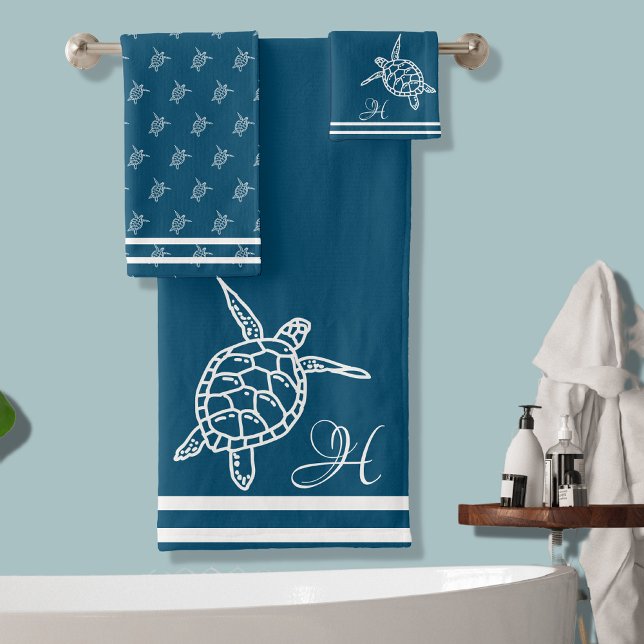 Monogram Sea Turtle Peacock Blue Nautical Coastal  Bath Towel Set (Creator Uploaded)