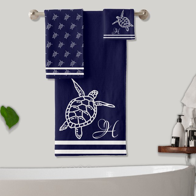 Monogram Sea Turtles Navy Blue Nautical Coastal Bath Towel Set (Creator Uploaded)