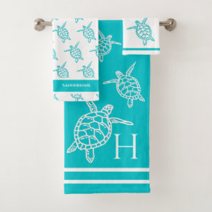 Monogram Sea Turtles Teal Blue Nautical Coastal  B Bath Towel Set