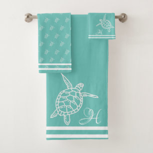Monogram Sea Turtles Teal Blue Nautical Coastal Bath Towel Set
