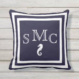 MONOGRAM seahorse dark blue outdoor nautical Pillow