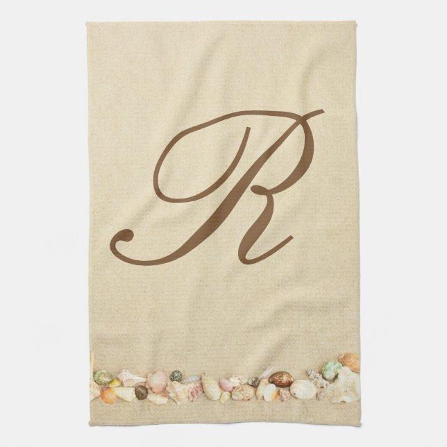 Monogram Seashells on Beach Sand Personalized Kitchen Towel (Vertical)