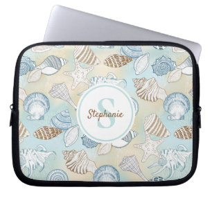 Monogram Seashells Pattern Coastal Laptop Sleeve