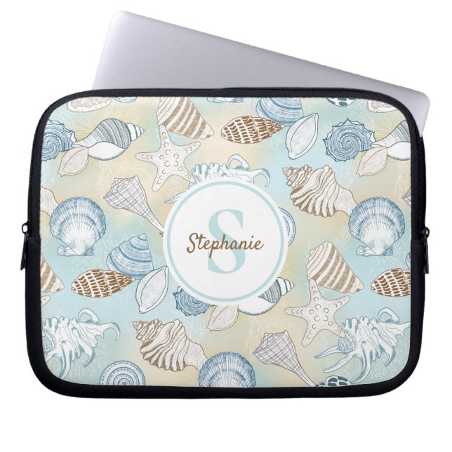 Monogram Seashells Pattern Coastal Laptop Sleeve (Front)