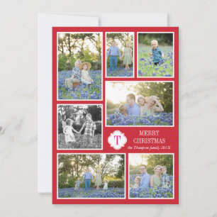 Monogram Seven Photo Holiday Card Red Pink Dots