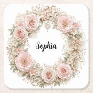 monogram shabby chic flower wreath coasters