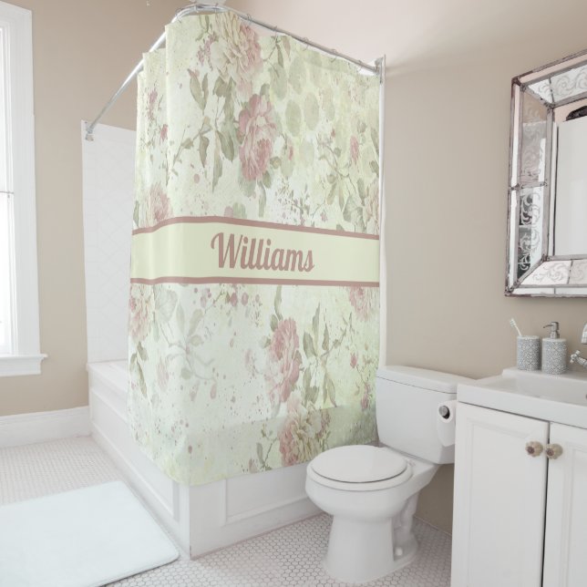 Monogram Shabby Chic Pink Green Rose Floral  (In Situ)