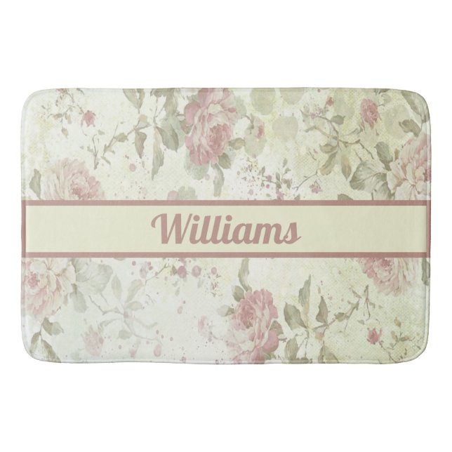 Monogram Shabby Chic Pink Green Rose Floral  Bath Mat (Front)