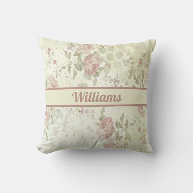 Monogram Shabby Chic Pink Green Rose Floral Throw Pillow (Front)