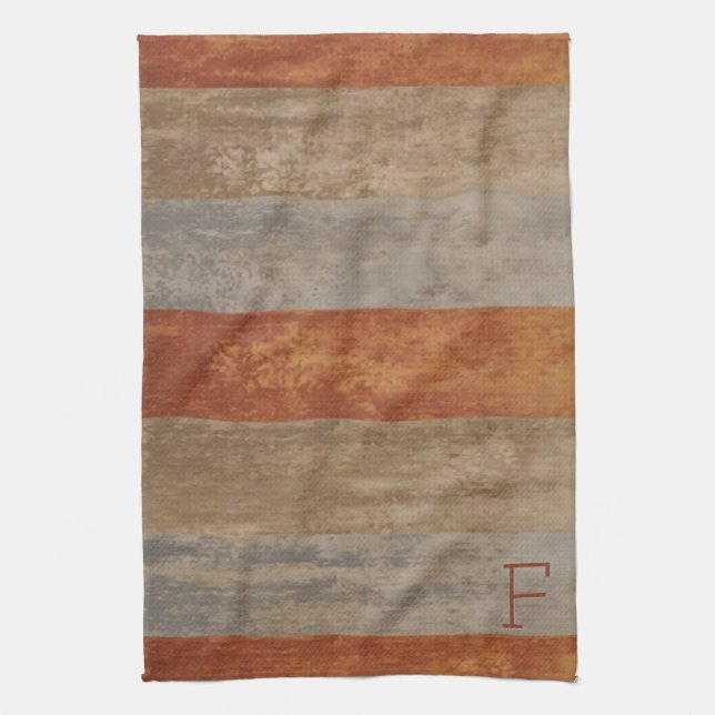 Monogram Shades of Grey and Orange Ombre Striped Kitchen Towel (Vertical)