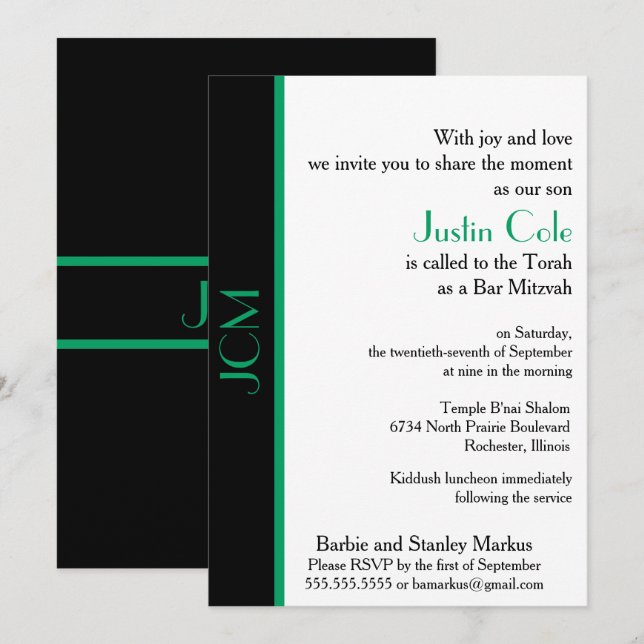 Monogram Shamrock Green Black Bar Mitzvah Invitation (Front/Back)