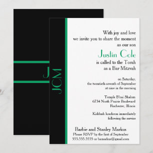 Monogram Shamrock Green Black Bar Mitzvah Invitation