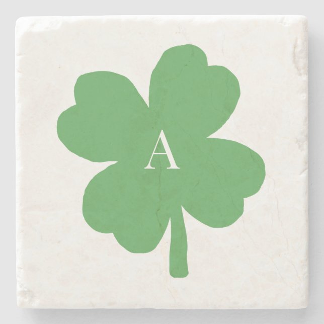 Monogram Shamrock Irish Green Painting Stone Coaster (Front)