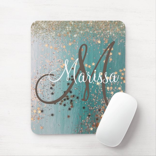 Monogram Shimmery Gold Stars On Teal Mouse Pad (With Mouse)