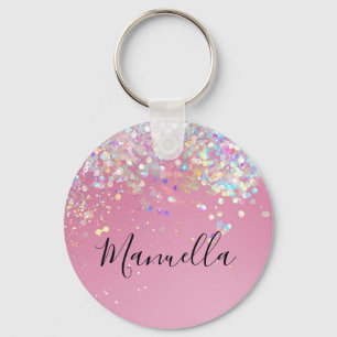 Monogram Shiny Rose Gold Pink Glitter Custom Name  Keychain