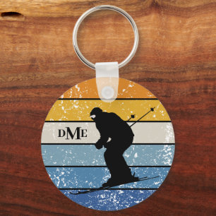 Monogram Silhouette Snow Skier Retro Stripe Keychain